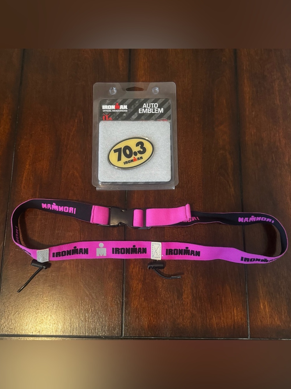 Ironman 70.3 Auto Emblem + Race Belt Combo Pink Black Triathlon Gear Bundle